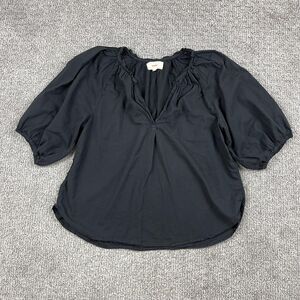 Xirena Blouse Womens Small Black Peasant Boho Split Neck Puff Sleeve Made USA